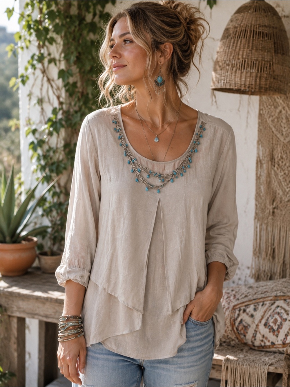 Krazy Kat Beige Layered Viscose Blouse with Turquoise Necklace